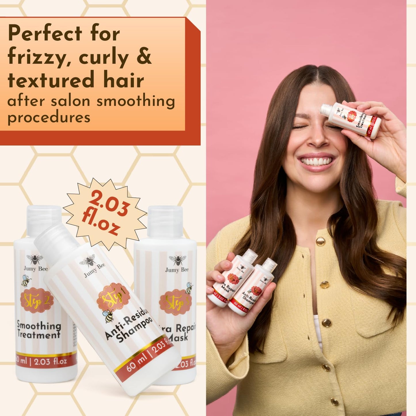 Keratin Hair Treatment Set 2.03 Fl Oz JUMY BEE – At-Home Keratin Hair Mask Treatment with Shampoo, Conditioner – Shea, Acai – Formaldehyde-Free, Frizz Control, All Hair Types