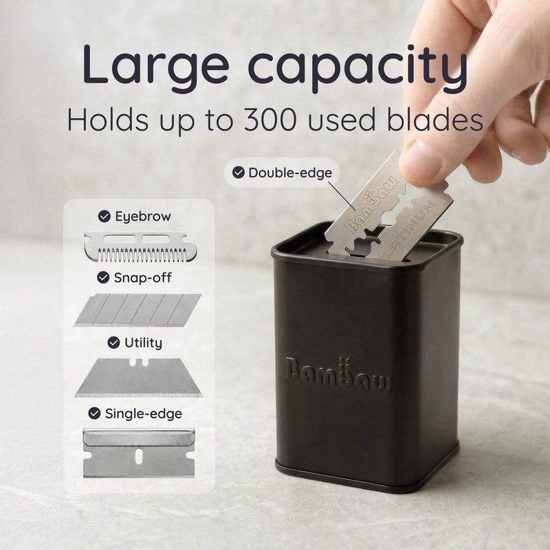 Bambaw Safety Razor Blade Disposal Container for Safety Razor Blades, High Capacity, Compact & Sealed Bank with One-Way Slot, Made of Tin-Plated Steel (Black)