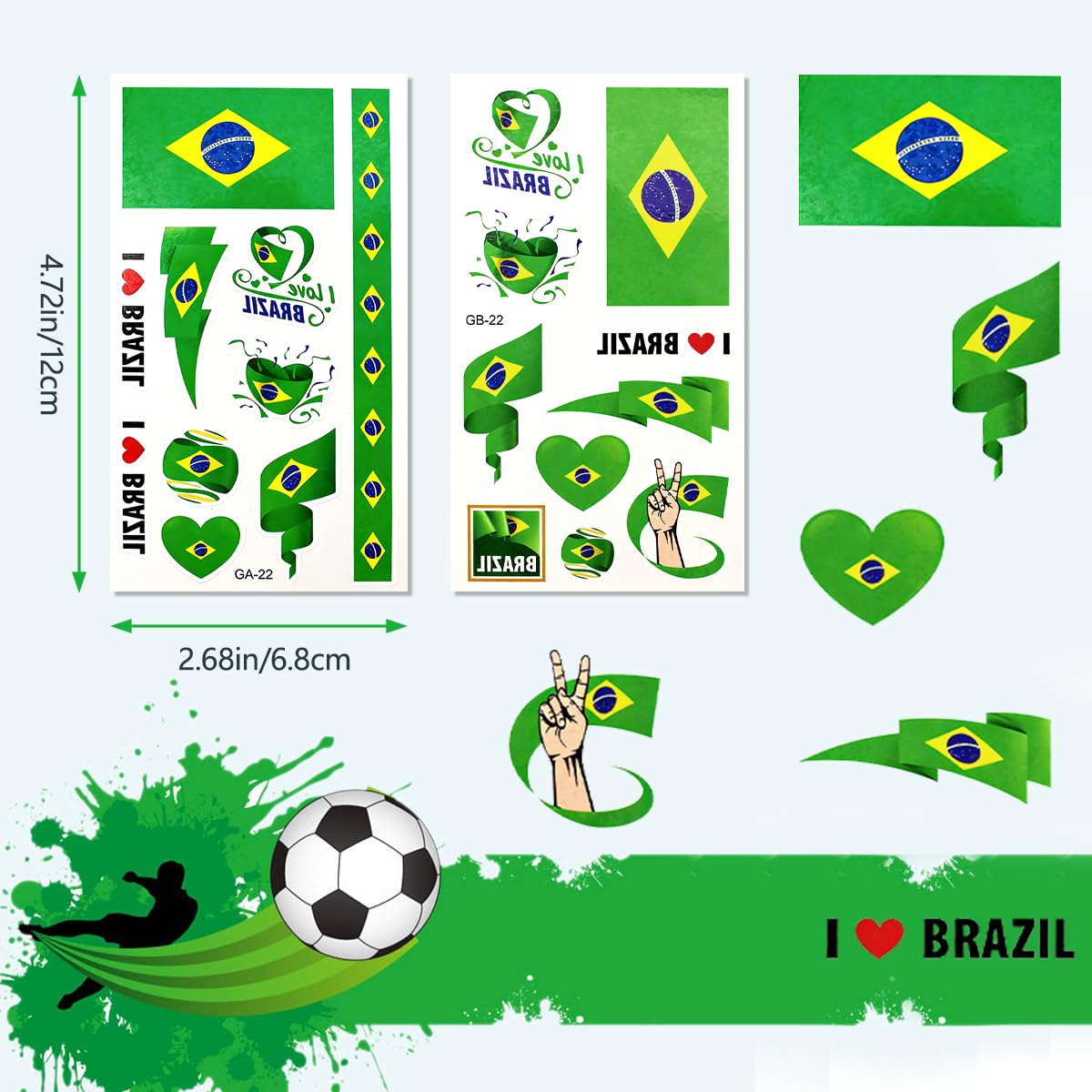 10 Sheets Brazil Flag Temporary Tattoos, Football Tattoos Brazil Party Decorations Football Temporary Stickers for 2026 World Cup (Long)