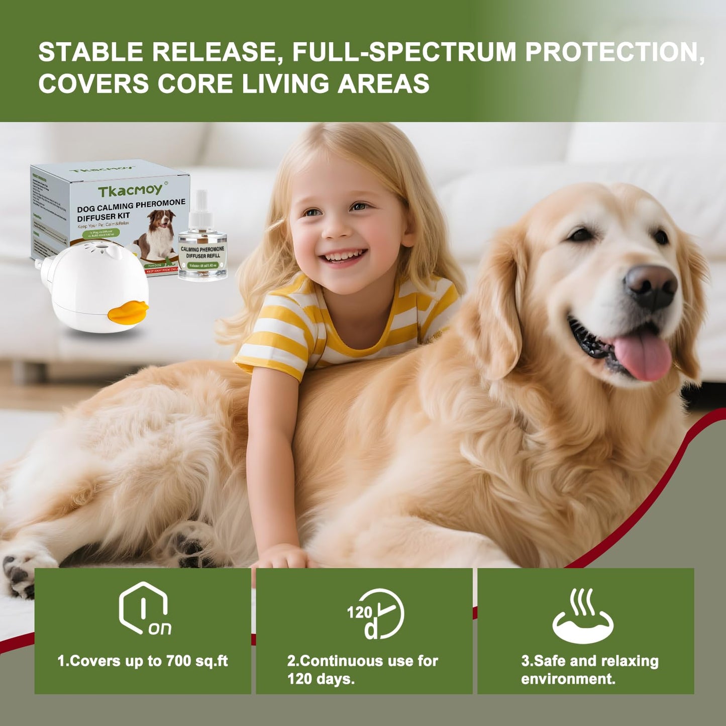 Tkacmoy Dog Calming Diffuser, 4-in-1 Pheromone Refills for Anxious Dogs, 120-Day Continuous Stress & Anxiety Relief for Barking, Chewing, Crate Training