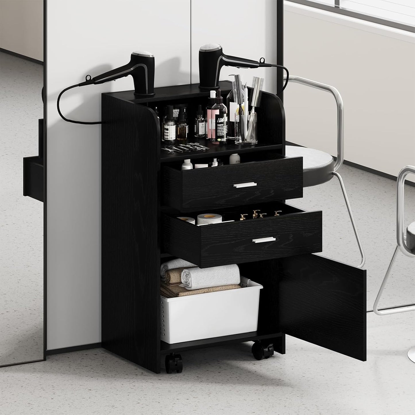 Salon Station for Hair Stylists - Mobile Organizer with Wheels | Black Beauty Barber Trolley Cart for Spa & Barbershop