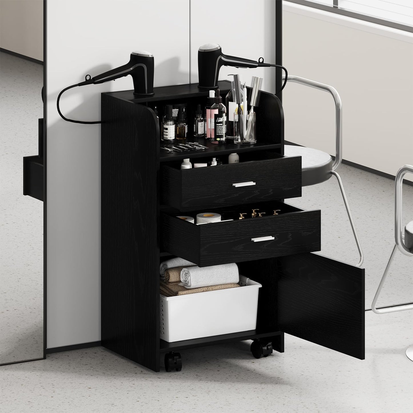 4ever2buy Salon Station for Hair Stylist, Black Beauty Barber Station, Salon Trolley Cart with Wheels, Mobile Organizer for Salon, Spa, Barbershop, Nail & Beauty Tools, Black