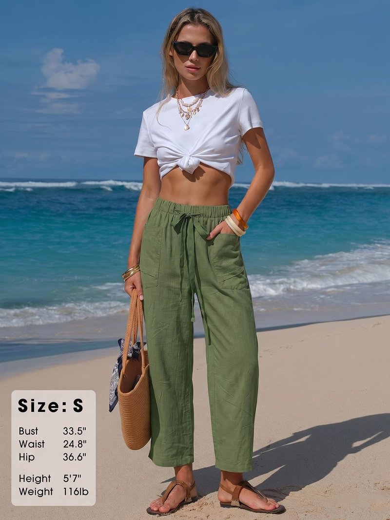 EXLURA Womens Summer Faux Linen Striped Barrel Pants Comfy Drawstring Capri Pant with Pockets Beach Vacation Lounge Trousers