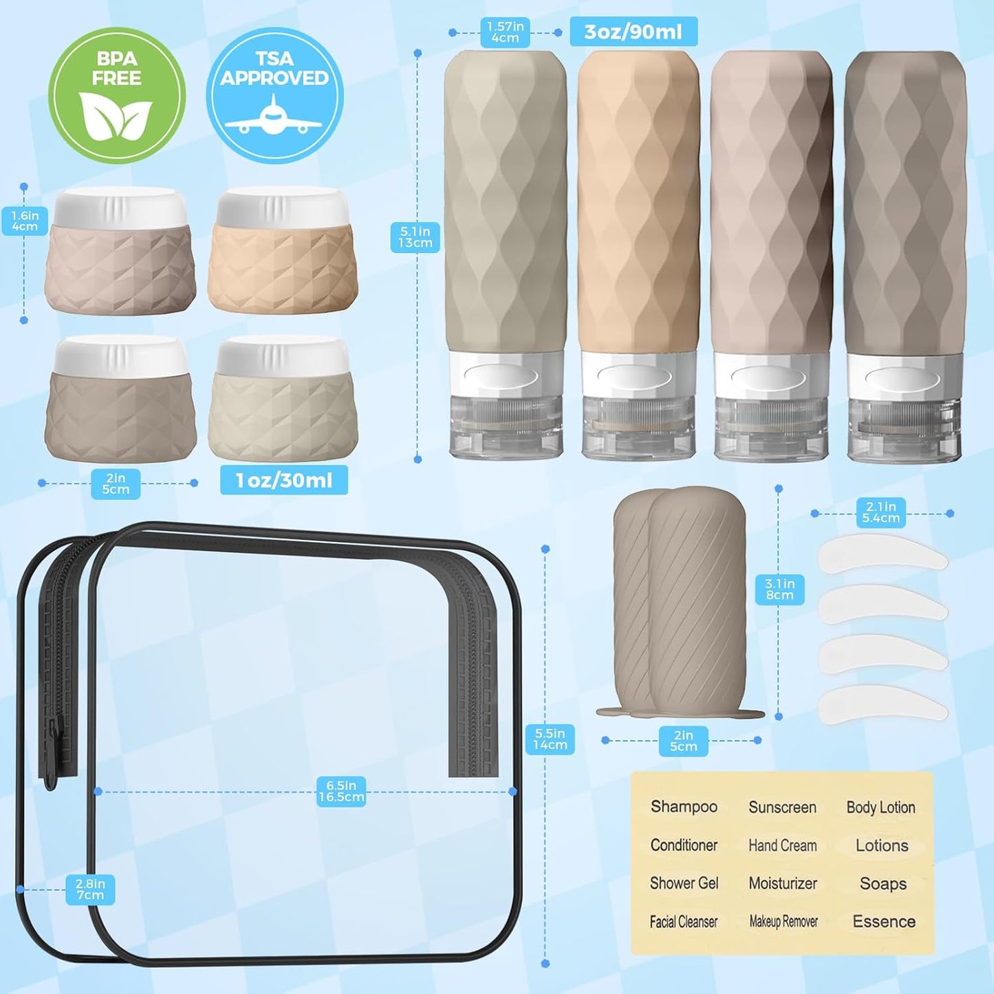 Travel Bottles Set - 16-Pack TSA Approved Silicone Toiletry Containers | Leak-Proof Refillable Bottles with Clear Bag (Cream)