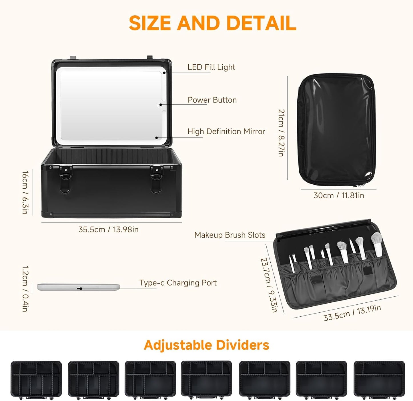 Makeup Case with Lighted Mirror - Extra Large 15-Inch Portable Cosmetic Organizer | Adjustable Dividers, Magnetic LED, Black