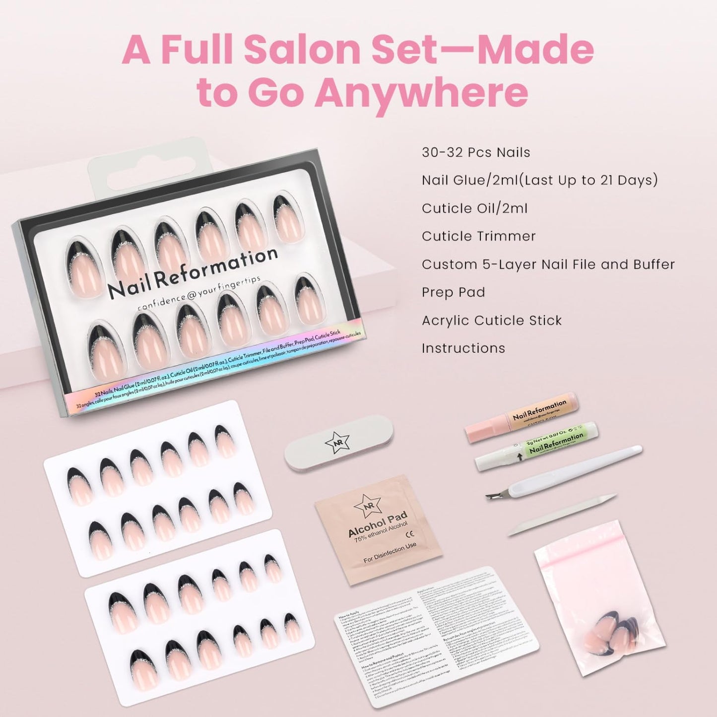 Press On Nails - Black Glitter French Tip Almond Shape | Reusable Glossy Finish in 16 Sizes - 32 Nail Kit for Women