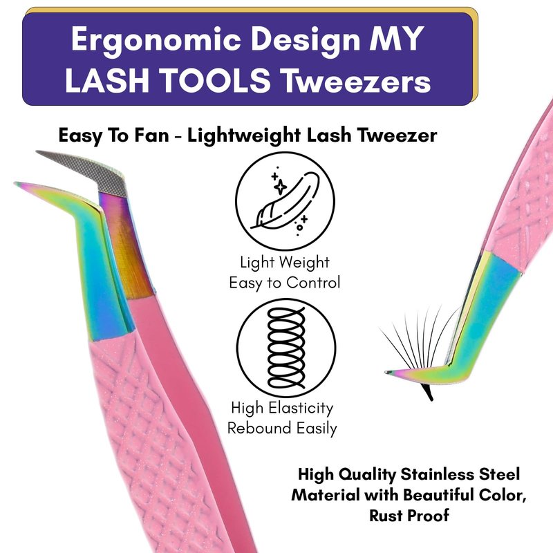 My Lash Tools Fiber Tip Lash Tweezers for Eyelash Extensions Professional Lash Tech Supplies Must Haves Volume Boot Eyelash Tweezers 12cm Stainless Steel Mink Fan Making Lashing Tweezer (Pink)