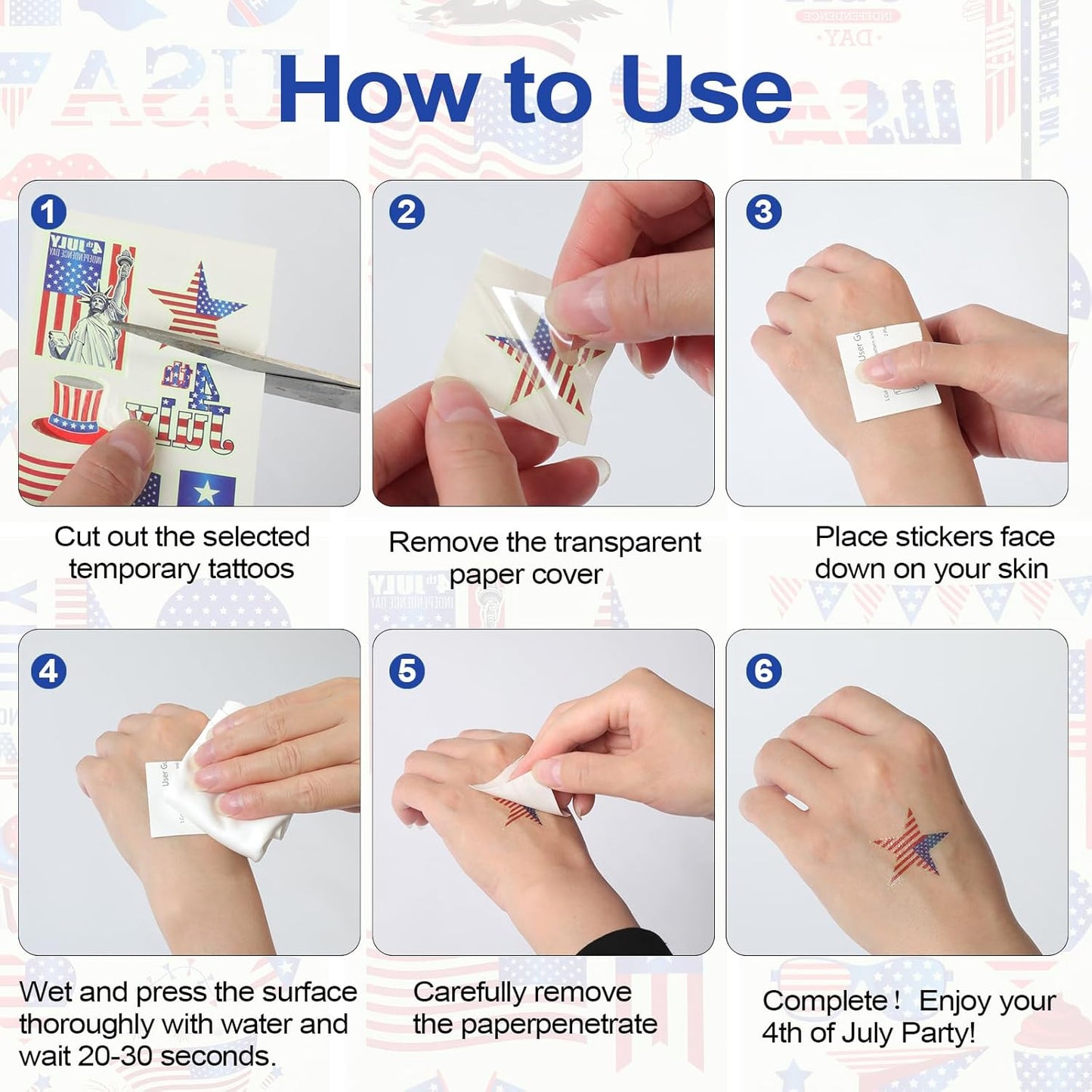 4th of July Temporary Tattoos - Metallic USA Patriotic Stickers | American Flag Designs for Independence Day Celebrations