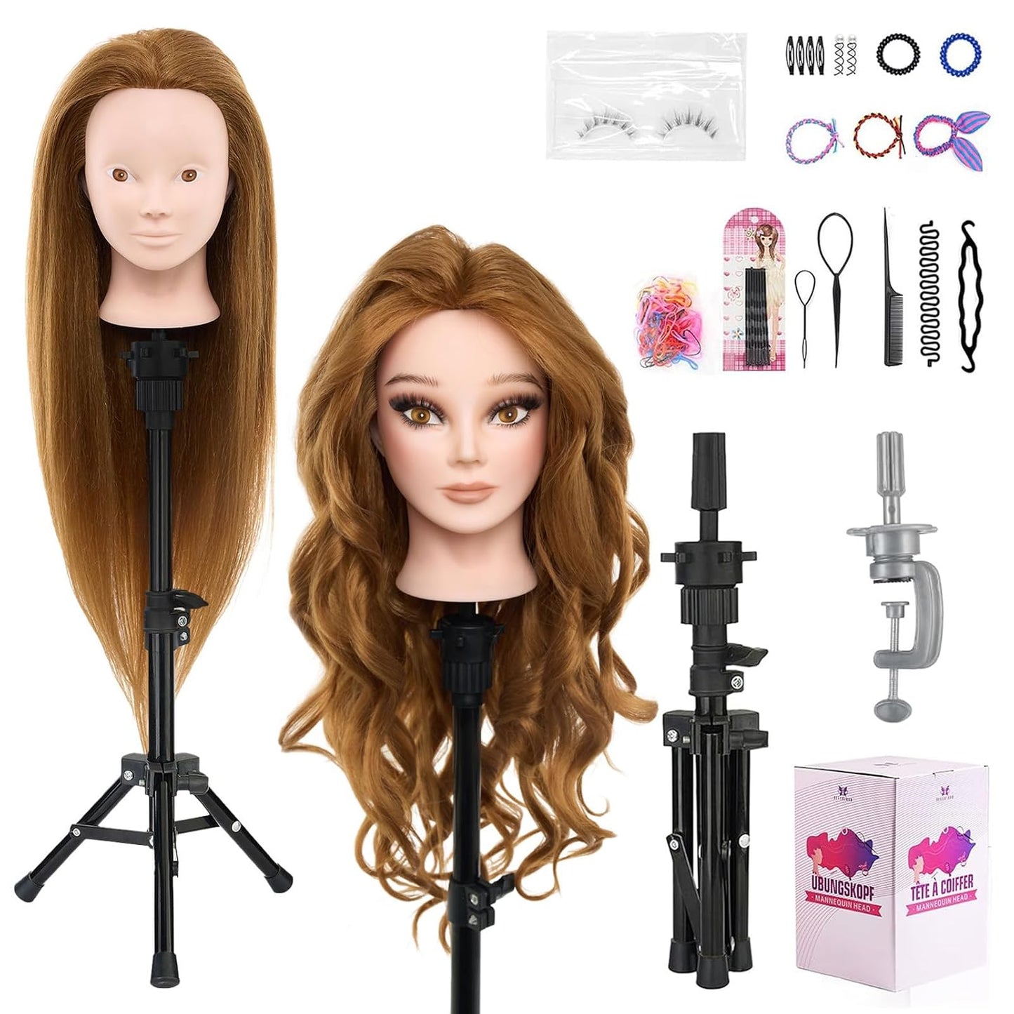18-Inch Human Hair Mannequin Head for Makeup Practice - Realistic Cosmetology Doll with Tripod Stand | Black