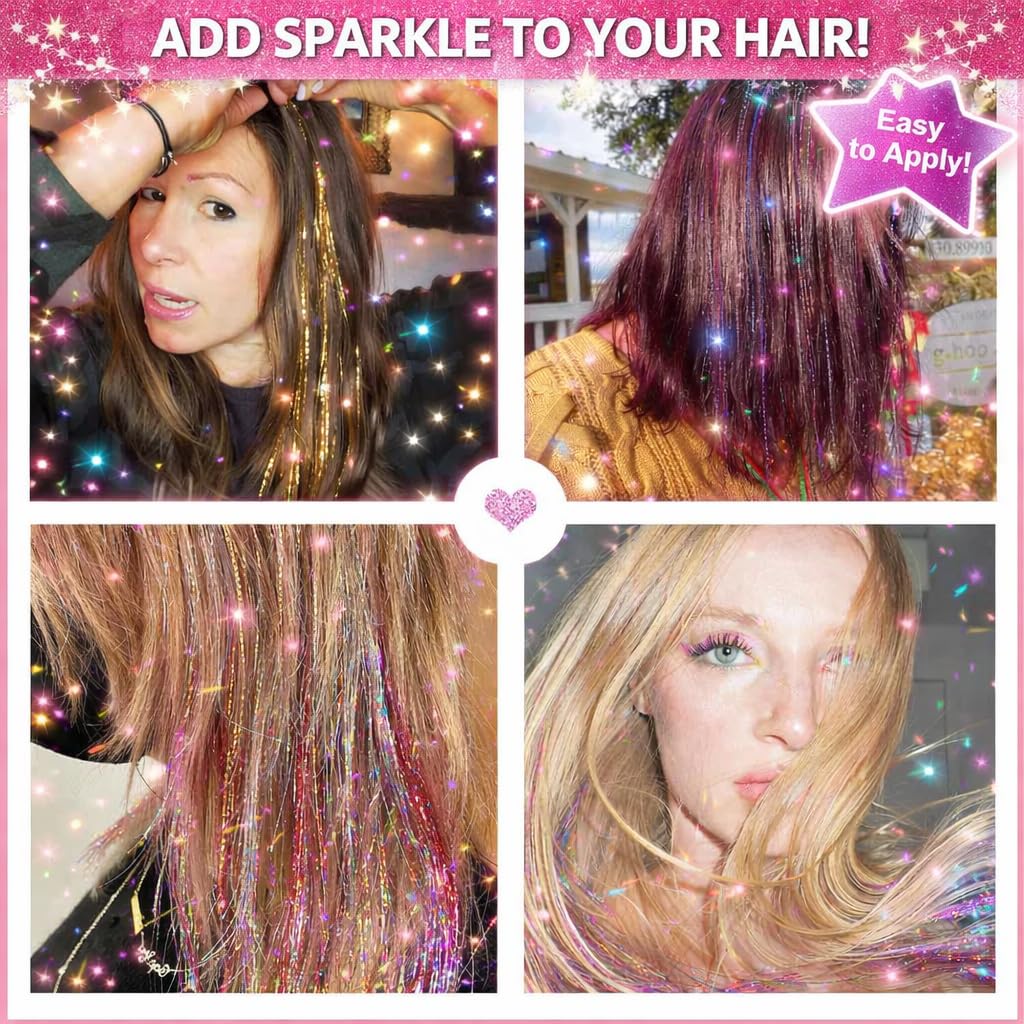 Hair Tinsel Kit - Holographic Hair Extensions with 8600 Strands | 18 Colors, 48 Inch, Heat Resistant Sparkling Glitter for Parties