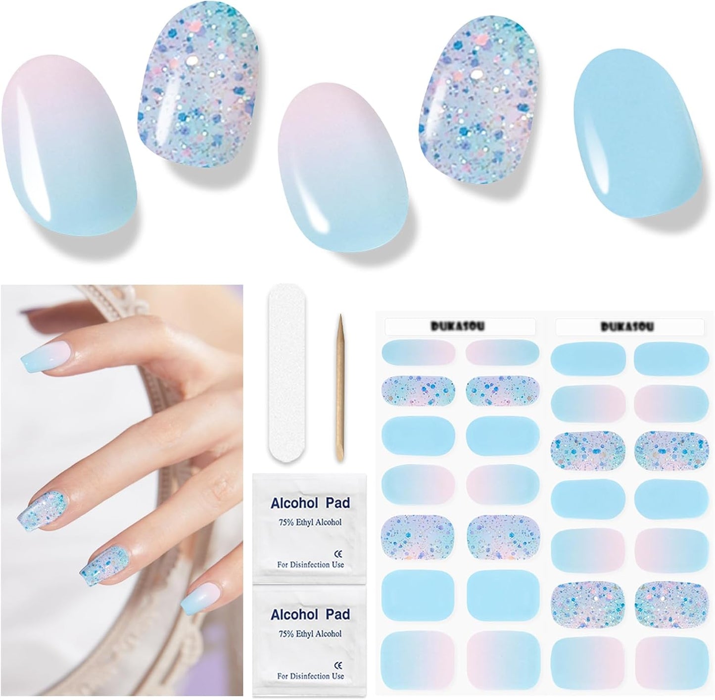 Gel Nail Strips - Semi-Cured UV Nail Stickers for Long-Lasting Manicure | 28 Pcs Light Blue