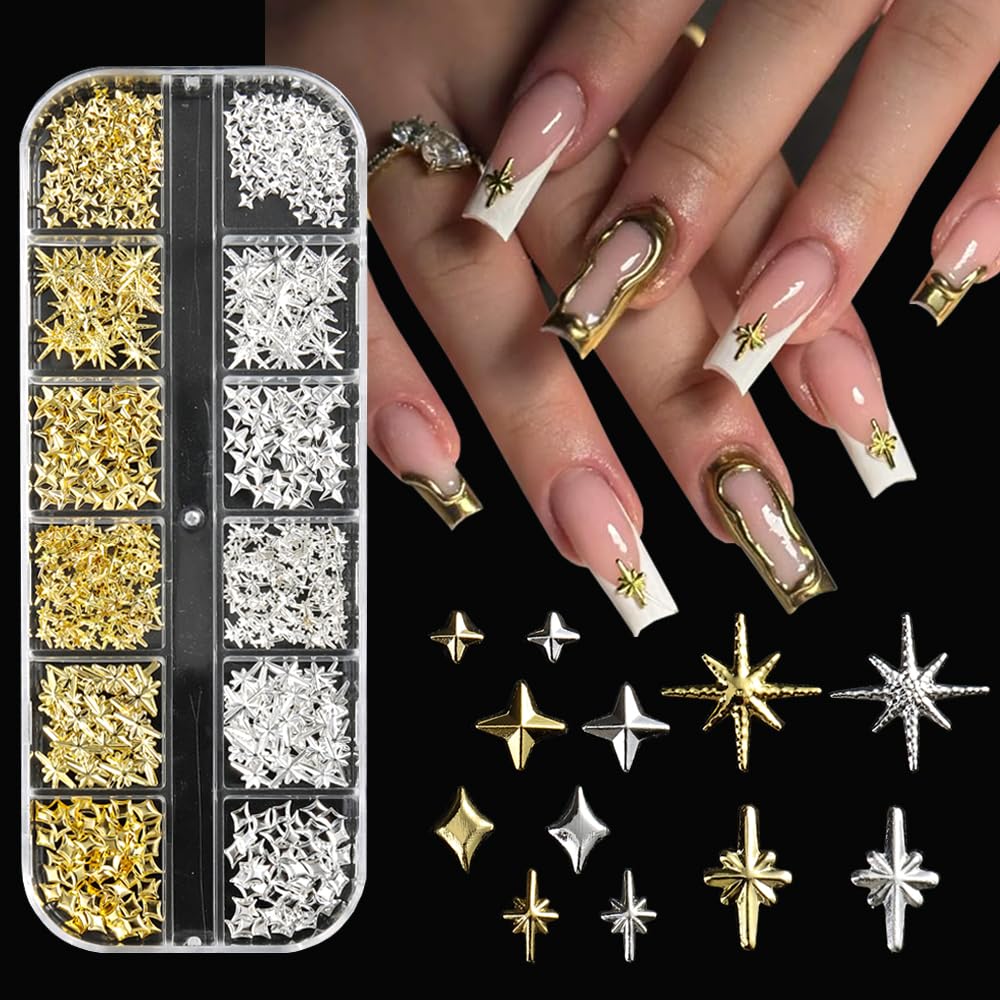 3D Star Metal Nail Art Charms, Mixed Styles Gold Silver Star Alloy Nail Rivets Jewelry Metallic Studs Rhinestones Star Manicure Decorations for Women Girls Nails Supplies DIY Crafts