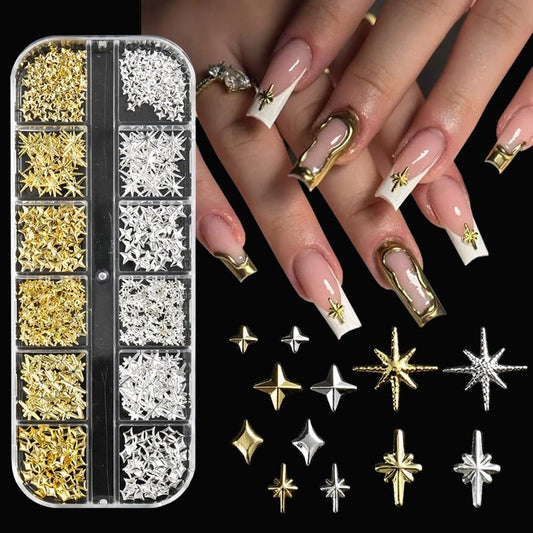 3D Star Metal Nail Art Charms, Mixed Styles Gold Silver Star Alloy Nail Rivets Jewelry Metallic Studs Rhinestones Star Manicure Decorations for Women Girls Nails Supplies DIY Crafts