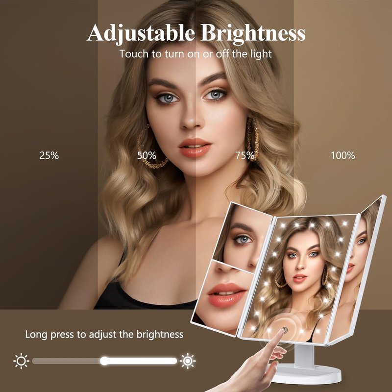 Makeup Mirror with Lights - Trifold Vanity Mirror | 2X/3X/10X Magnification, Touch Control, Dual Power Supply