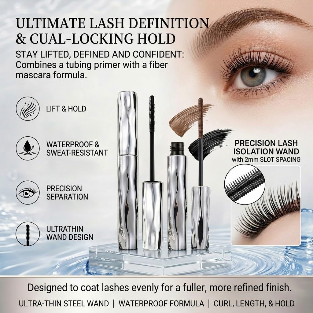 Dulhantocosh Waterproof Fiber Mascara, Tubular Eyelash Primer, Natural Non-smudged & Smudge-Resistant for Defined Lashes, Washable Waterproof, Lengthening and Long-Lasting (Black&Brown)