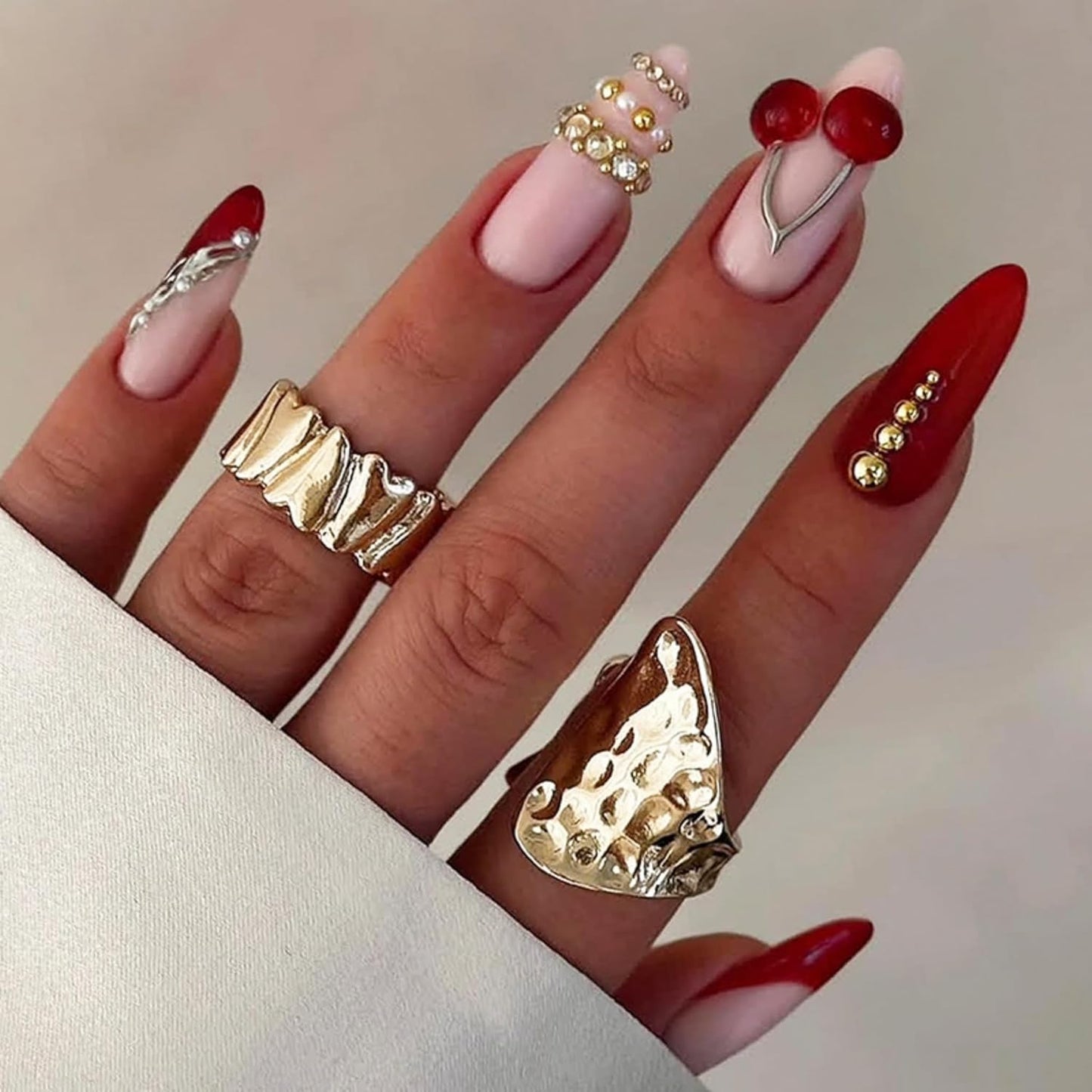 Almond Press-On Nails - Ombre French Tip with Butterfly Designs | 24 Pcs Set for Women
