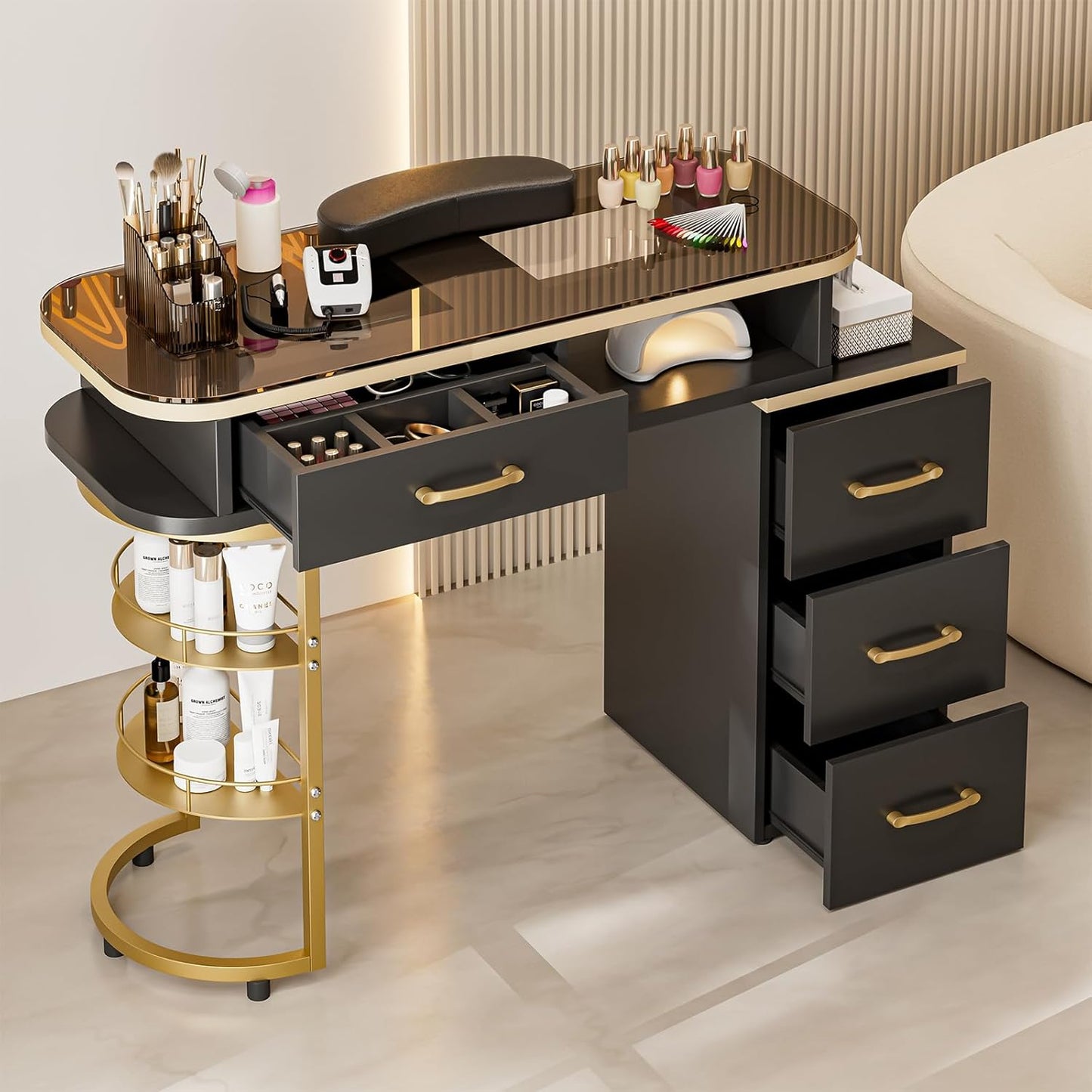 Manicure Table - Glass Top Nail Desk Station with 4 Drawers & 2-Tier Storage | Acetone Resistant, Wrist Cushion, Black