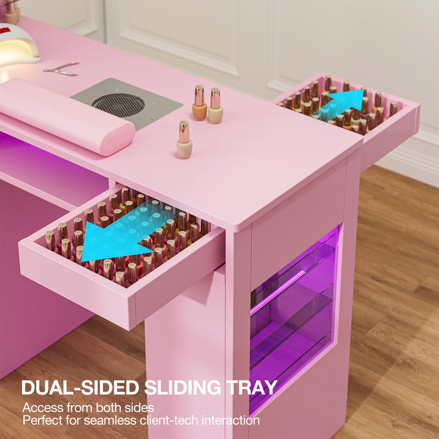 TTGIEET Manicure Table for Nail Tech w/LED Light Display Cabinet，Professional Nail Tech Desk with Storage Cabinet & Drawer, Dust Collector, Wrist Rest, Acetone-Resistant, for Beauty Salon, Spa & Home