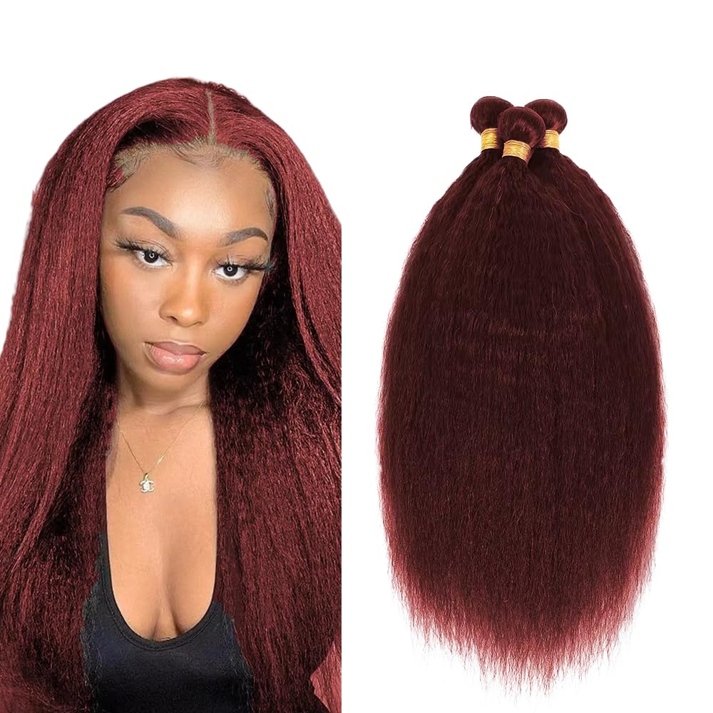 #99J Bundles Human Hair Yaki Straight Bundles 14 16 18 Inch 3 Bundles 50g/Bundle Burgundy Kinky Straight Bundle Unprocessed Brazilian Virgin Weave Hair Extensions for Black Women