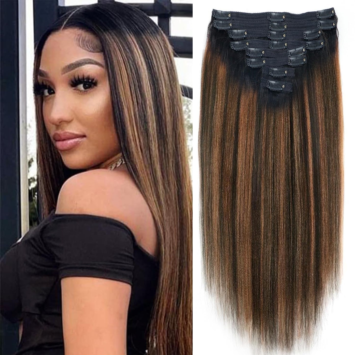20 Inch Highlight Yaki Straight Clip in Hair Extensions Real Human Brazilian Virgin Clip Ins For Women Hair Extensions Yaki Straight Clip on Hair(20inch,T1BP1B/30)