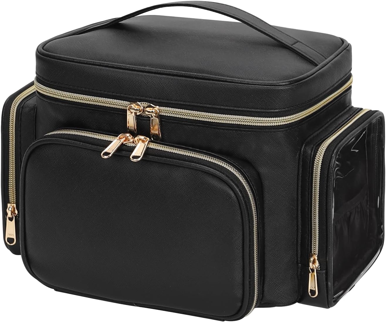 Large Makeup Bag Organizer for Women - Portable Travel Cosmetic Bag with Brush Compartment & Side Pockets | Black