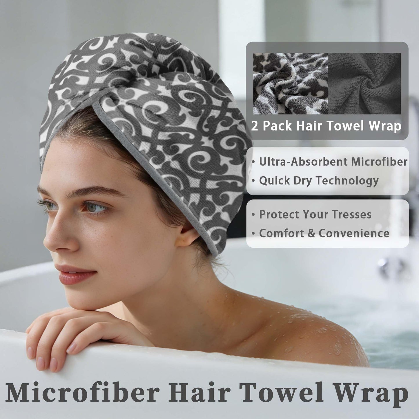 VOOVA & MOVAS Dark Gray Microfiber Hair Towel, 2-Pack Button-Free Elastic Loop Hair Turban, Ultra Soft Quick Dry Hair Wrap, Highly Absorbent Anti Frizz Towel