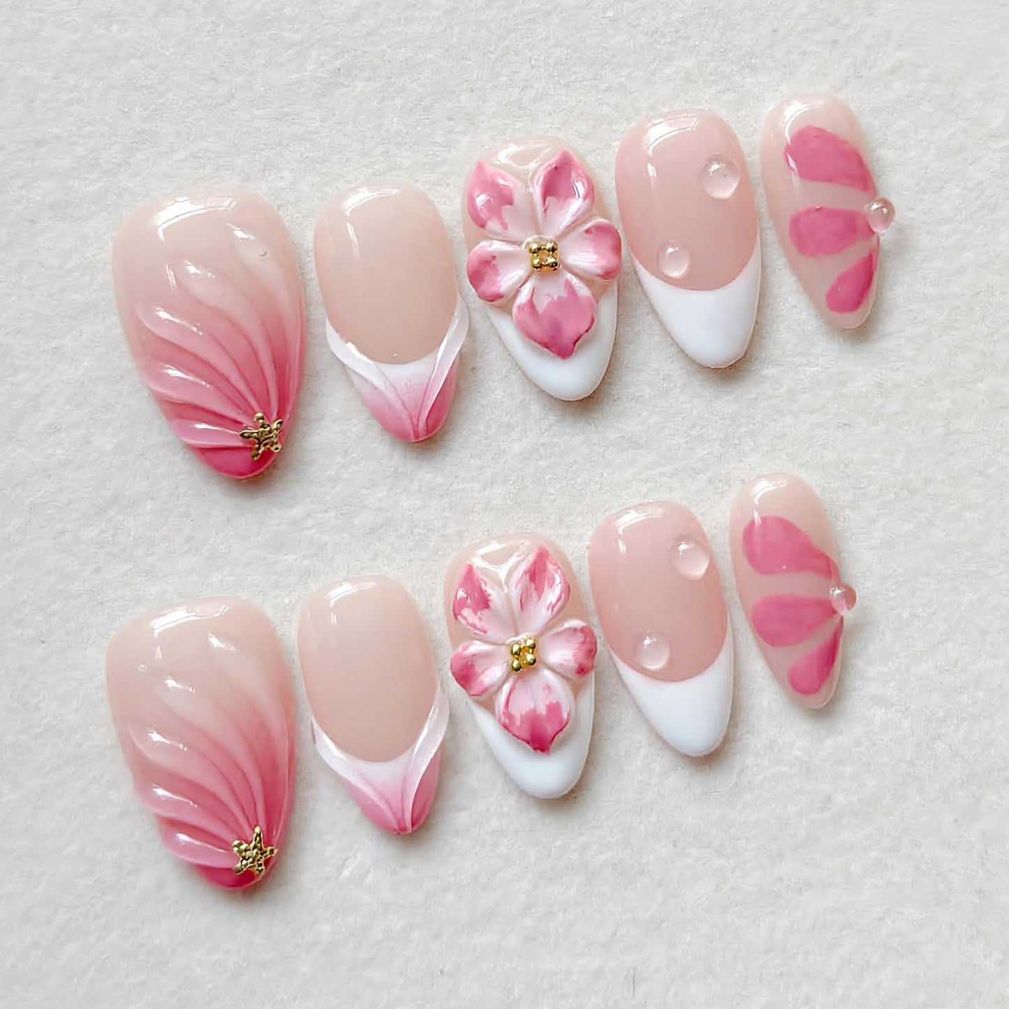 3D Pink Flower Press-On Nails - Nude Pink Gradient French Tip | Medium Almond, Reusable 30 Pcs for Weddings