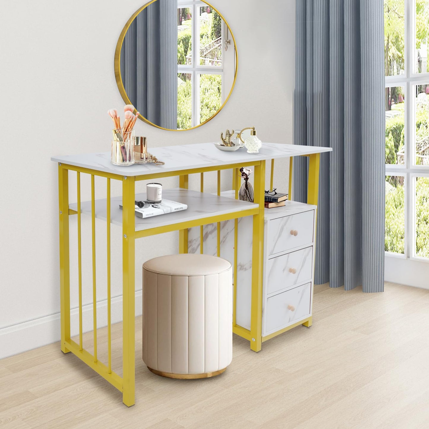 Mahugde Professional Fashionable Nail Desk, Marbling Texture Manicure Desk with 3 Drawers Nail Technician Workstation Manicure Table for Office Nail Salon Beauty Salon (39.37 * 15.75 * 29.92in)