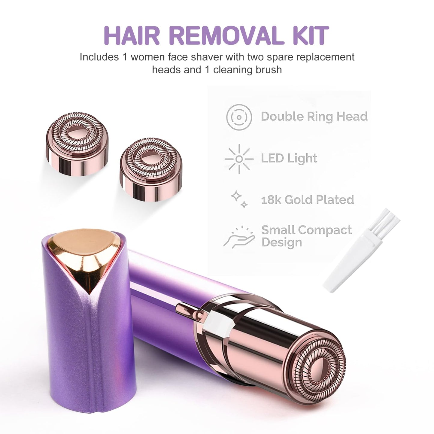 tuokiy Women Facial Hair Removal Device Battery Operated with 2 Replacement Heads,Ladies Face Shaver for Peach Fuzz Upper Lip,Chin, Facial Hair Removal for Women, Purple