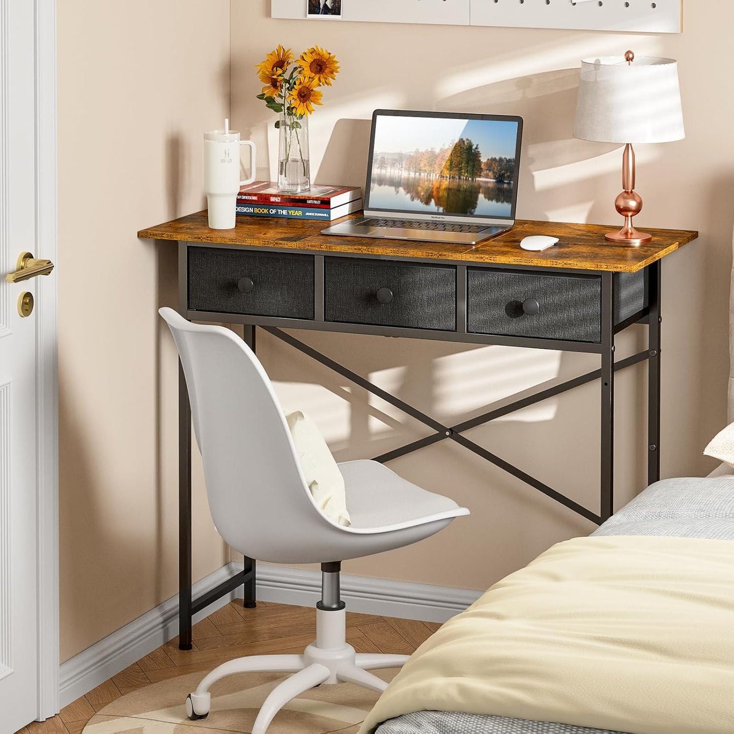 Small Writing Desk - 37.2 Inch Computer Desk with 3 Drawers | Rustic Brown for Bedroom, Home Office, Dorm
