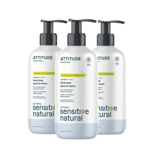 ATTITUDE Hand Soap for Sensitive Skin Enriched with Oat, EWG Verified, Dermatologically Tested, Vegan, Extra Gentle, Unscented, 16 Fl Oz (Pack of 3)