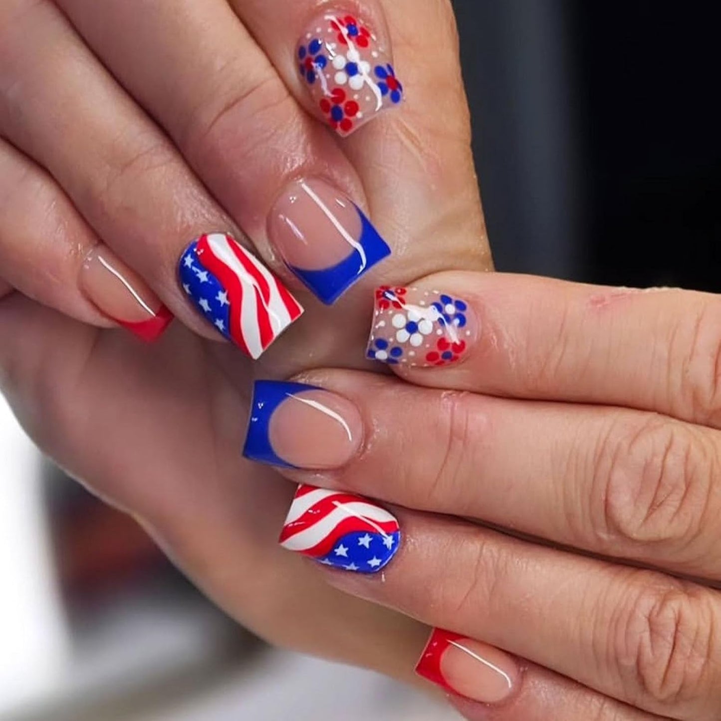 Independence Day Press-On Nails - Medium Square Glitter Acrylic Nails with American Flag Design | 24 Pcs Blue & Red