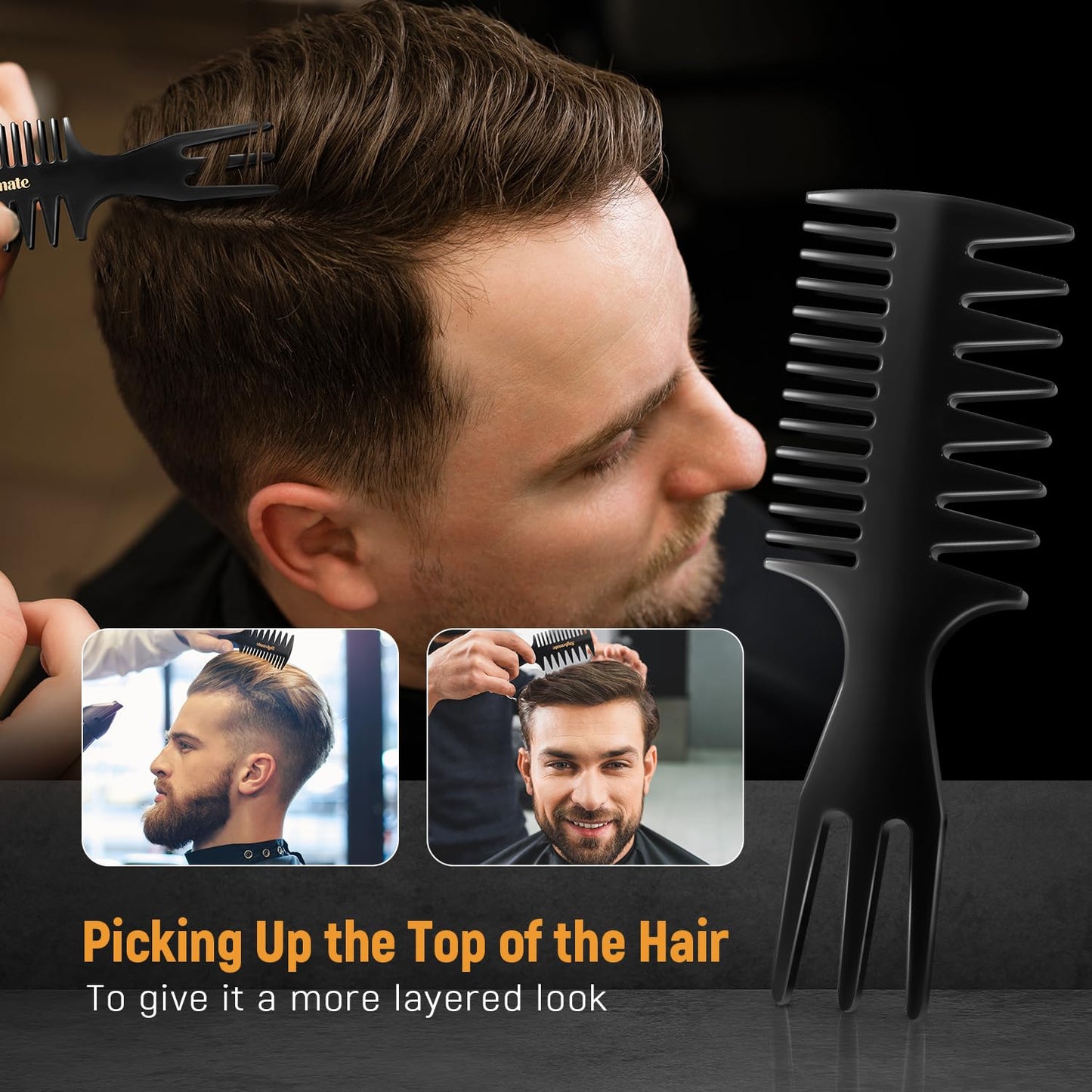 3Pcs Hair Styling Combs Set for Men - Black Wide Tooth Texture Comb for Quiff, Pompadour, Slick Back | Perfect for Barbers