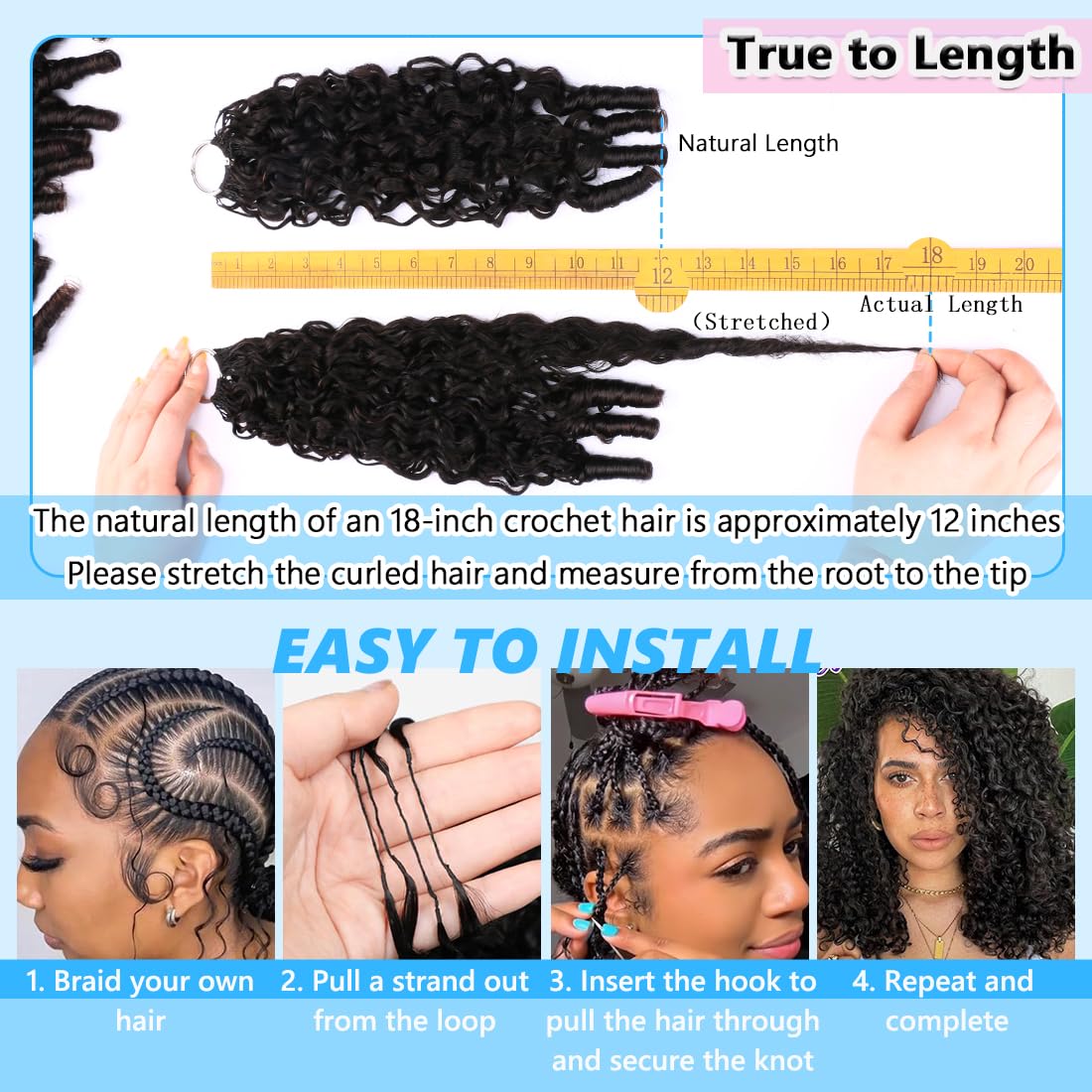 Human Crochet Hair for Black Women 18 Inch 50g Pre-Separated Burmese Curly Feather Human Hair Bundles Invisible Miracle Knots Lightweight Crochet Human Hair Extensions Natural Black