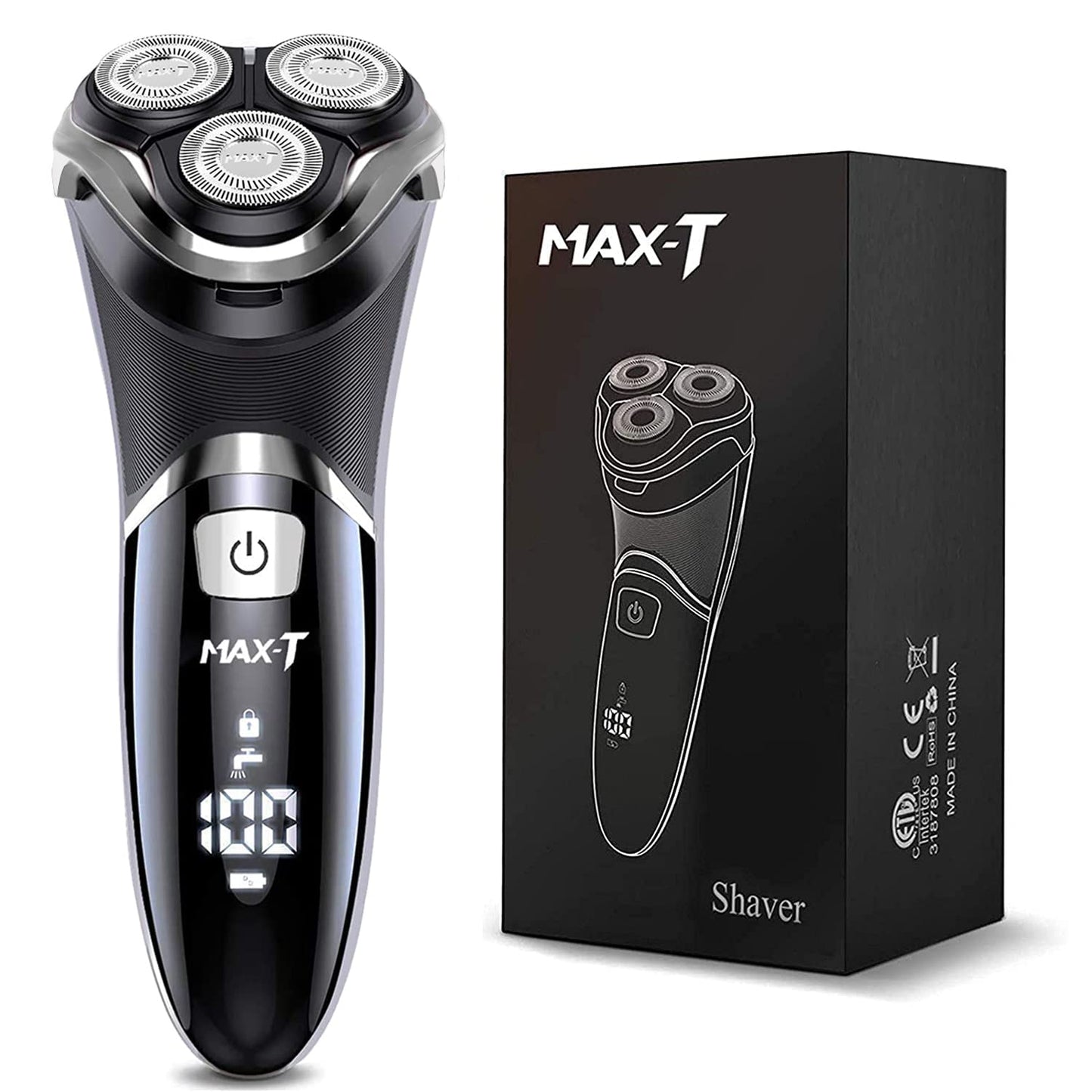 Electric Shaver Razor for Men, MAX-T Quick Rechargeable Wet Dry Rotary Shaver with Pop Up Trimmer and LED Display, IPX7 100% Waterproof (8101 with USB Cable)
