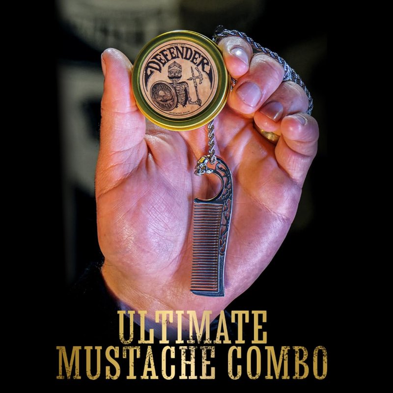 Defender Mustache Balm 1 oz Tin & Necklace Death Grip Mustache Comb Mens Combo Kit - Grooming For Men Handlebar Moustache