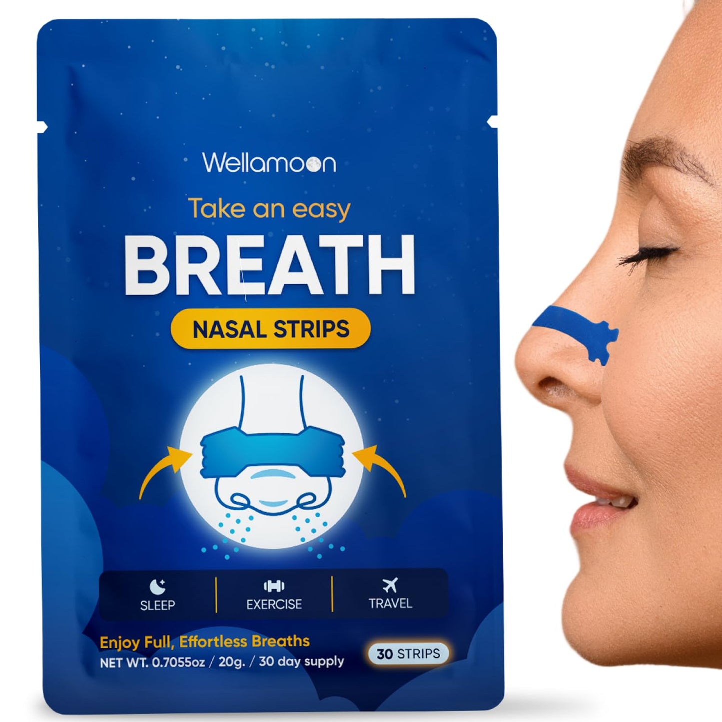 Wellamoon Nose Strips for Breathing (30 Ct) - Breathe Easy & Right Nasal Strips for Snoring & Sleeping - Oil & Sweat Proof Adhesive Snoring Solution- Improves Oxygen Intake, Sleep & Reduces Snoring