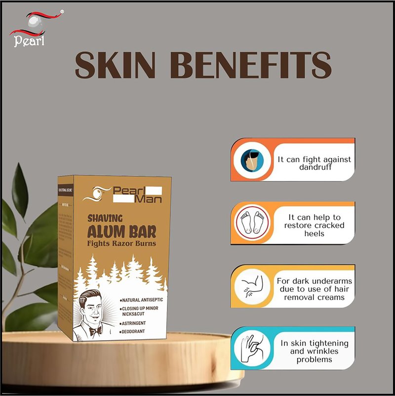 Pearl Shaving Alum Bar (Fitkari) - 100g | 100% Pure Natural Alum Stone | Gentle & Effective Aftershave| Ideal for Razor Burn Relief | Chemical-Free Shaving Aid, white