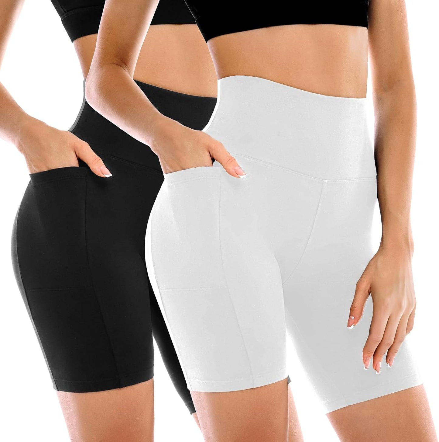 High Waisted Tummy Control Biker Shorts for Women - 2 Pack with Pockets | Yoga & Workout Gear