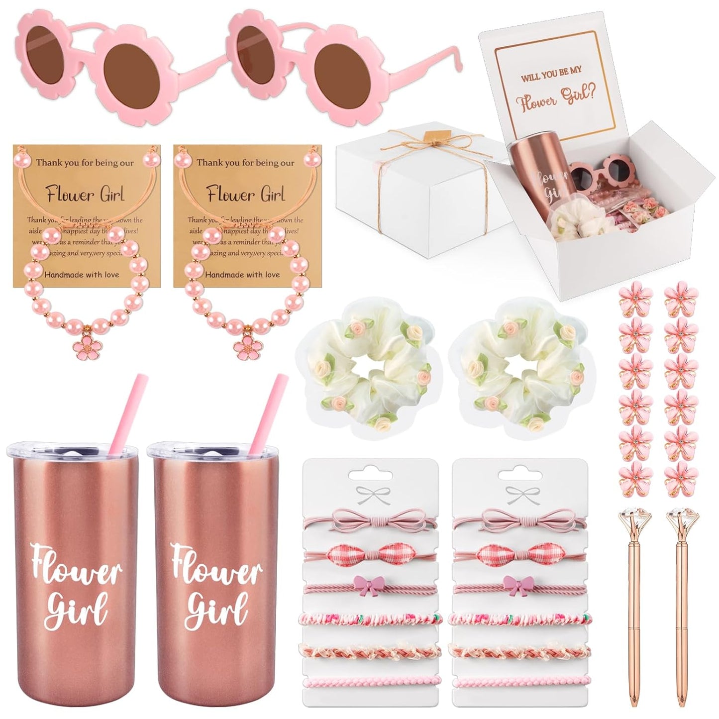 Flower Girl Proposal Gifts Set - 40pcs White Tumbler, Sunglasses, Pearl Bracelet & More | Perfect for Little Girls