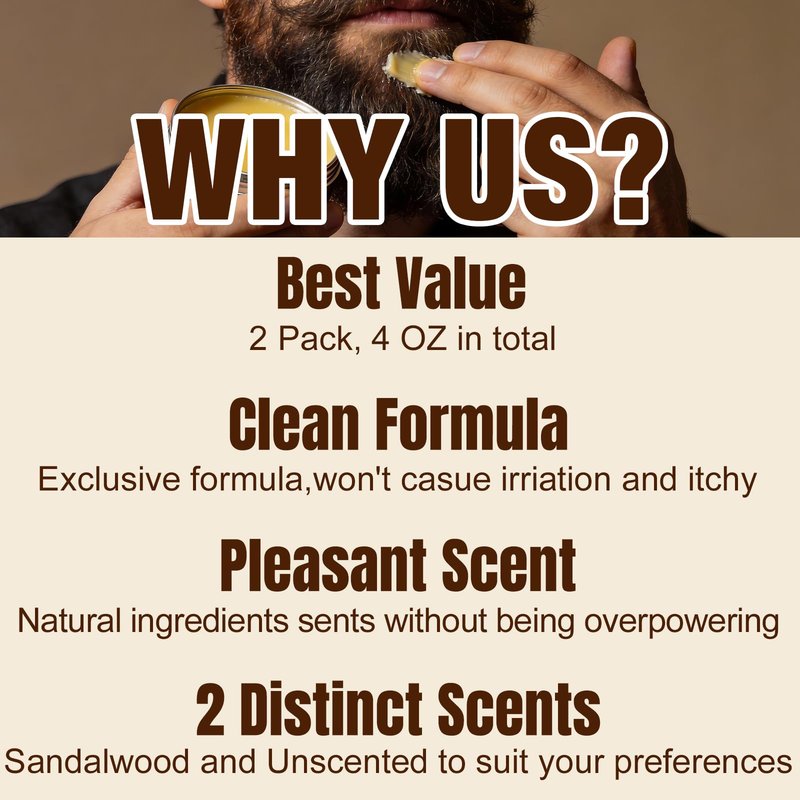 Beard Balm,2 Oz Sandalwood & 2 Oz Unscented Balm -Coconut & Argan & Jojoba Oils,Shea Butter- Styles, Hydrates & Smooths Beards & Mustaches,Beard Styling Balm for Mens Gifts for Men