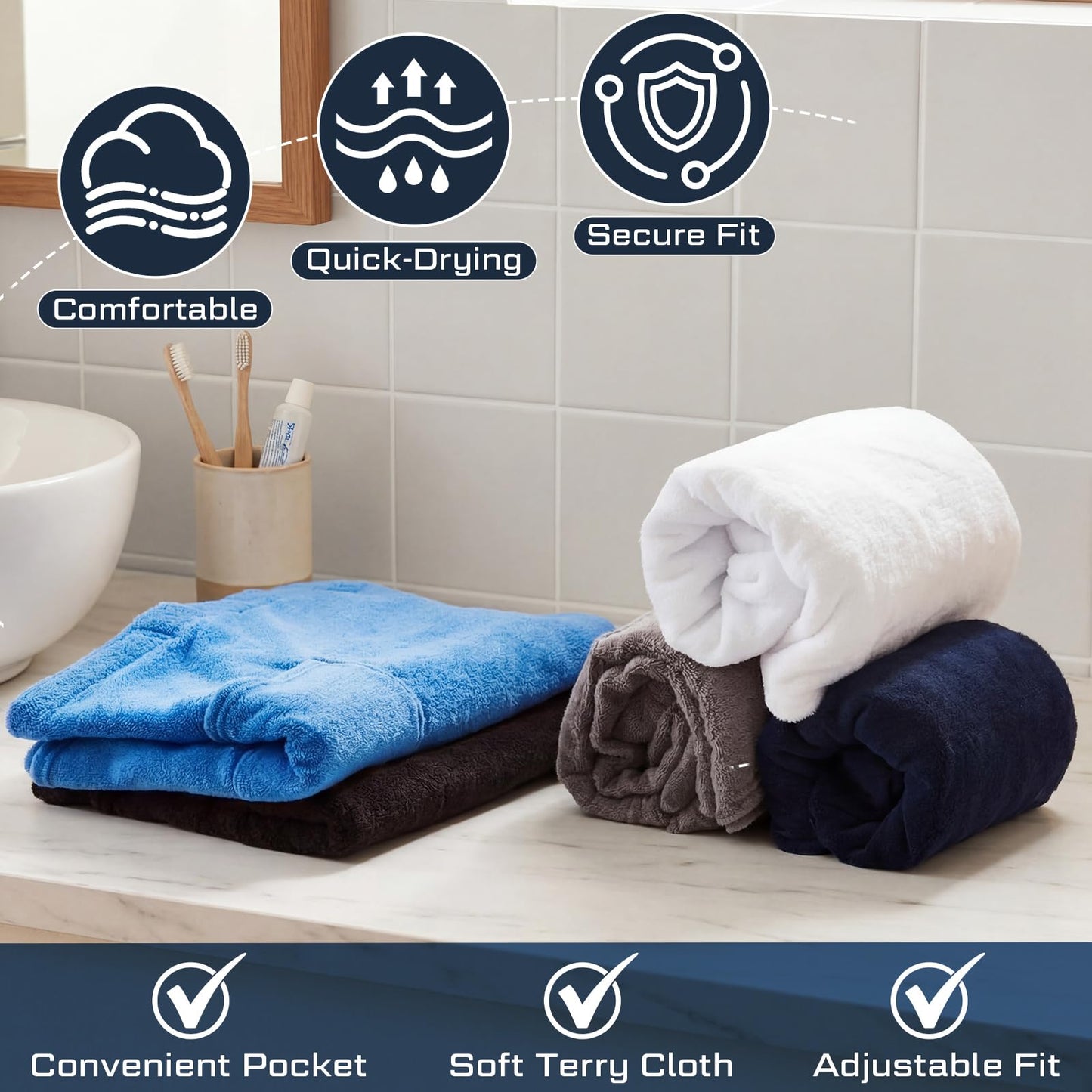 Tudomro 1 Pcs Men's Bath Wrap Towel X-Large Shower Adjustable Terry Body Spa Towel with Pocket After Shower Wrap for Men Gift Spa College Bath Dorm Room Gym (Black)