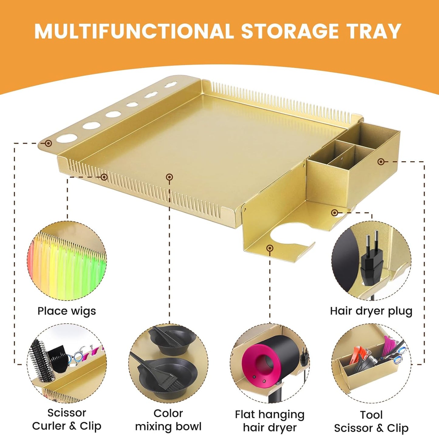 Multi-Function Salon Tray - Rolling Hair Cart with Storage & Separator Stand | Gold Finish