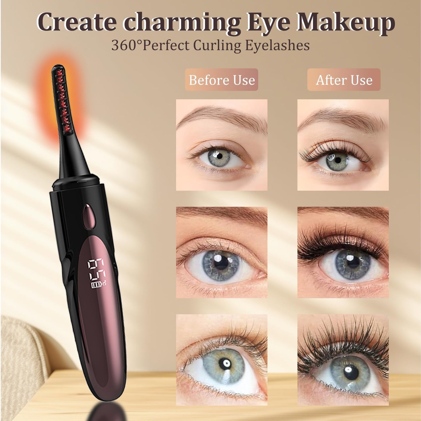 Electric Heated Eyelash Curler - USB Rechargeable with Fast 10s Heat-Up, 24-Hour Long-Lasting Hold, 4 Adjustable Heating Modes & LED Display - Essential Makeup Tool for Perfect Lashes (Black-02)