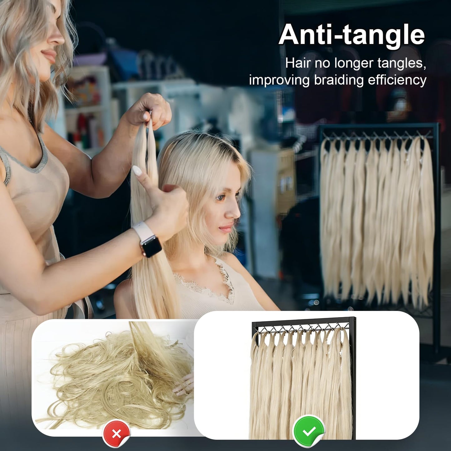 Portable Braiding Hair Rack with Wheels & Storage Drawers,2-Sided 288 Pegs,Hair Extension Holder Hanger for Braiding Hair Separator Stand Display,Hair Rack with Stylist Hair braiding Tools (Black)