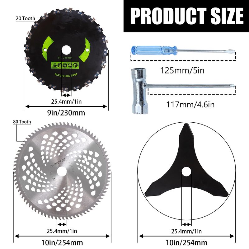 9"x20T Brush Blades Carbon Steel Round Chainsaw,10" x 80T Carbide Tip Brush Blades,10" x 3 Teeth Carbon Steel Brush Cutter Blades with Universal Adapter Kit Compatible with Cutter, Trimmer, Weed Eater