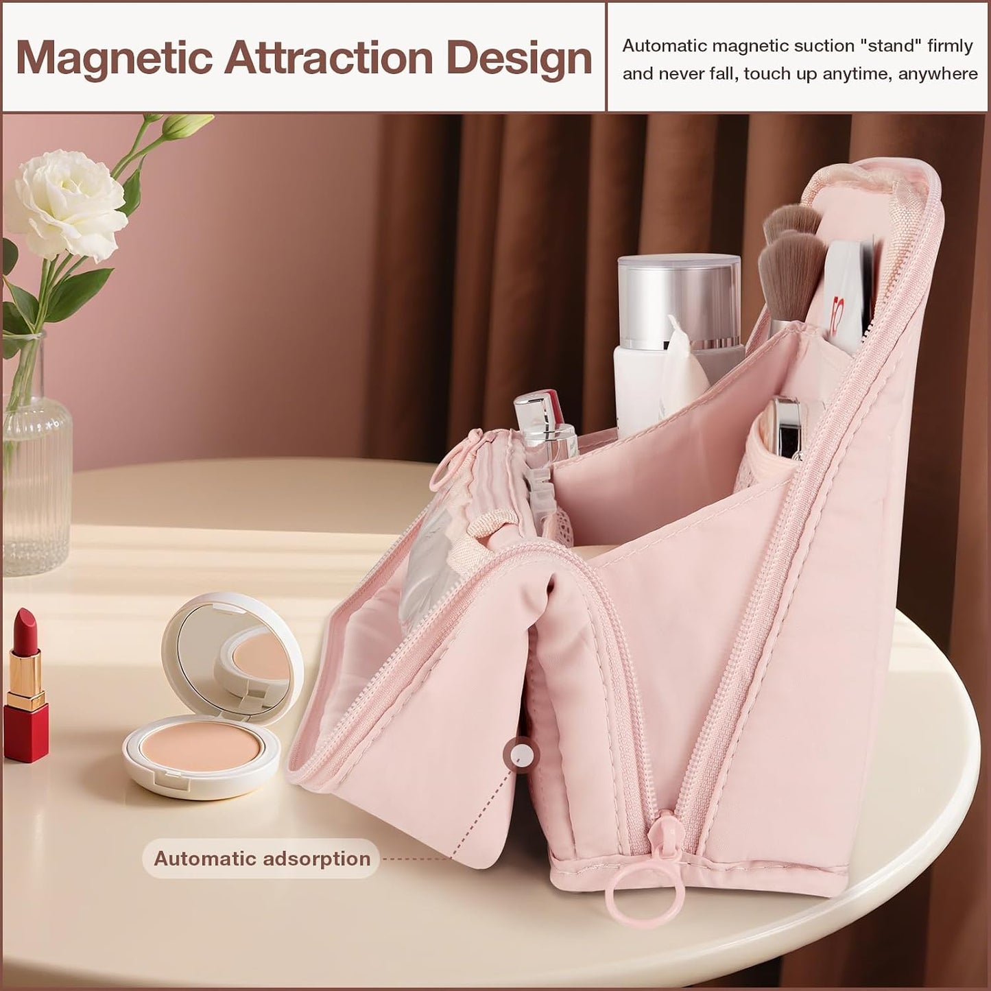 Standing Makeup Bag - Large Capacity Travel Toiletry Organizer with Multiple Compartments | Pink