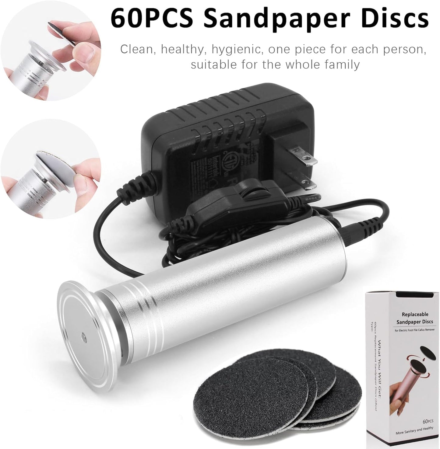 Electric Foot Callus Remover - Professional Pedicure Tool with 1200RPM Speed, Adjustable Settings & 60 Sandpaper Discs | Silver