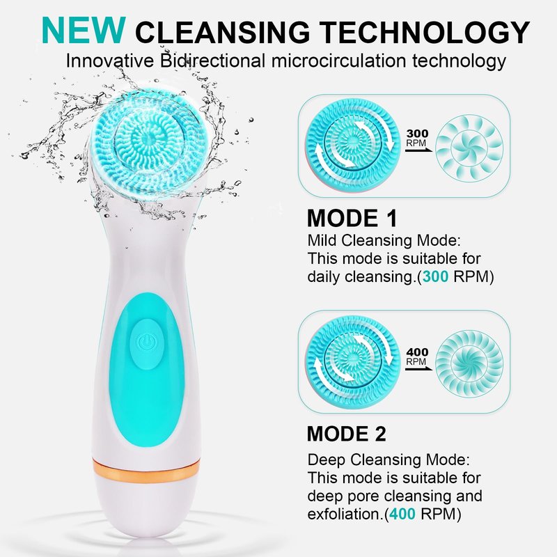 Facial Cleansing Brush, Waterproof Dual-Rotation Face Scrubber Exfoliator with 3 Brush Heads and 2 Adjustable Speeds, Rechargeable Exfoliating Face Brushes for Cleansing and Skin Care (Blue)