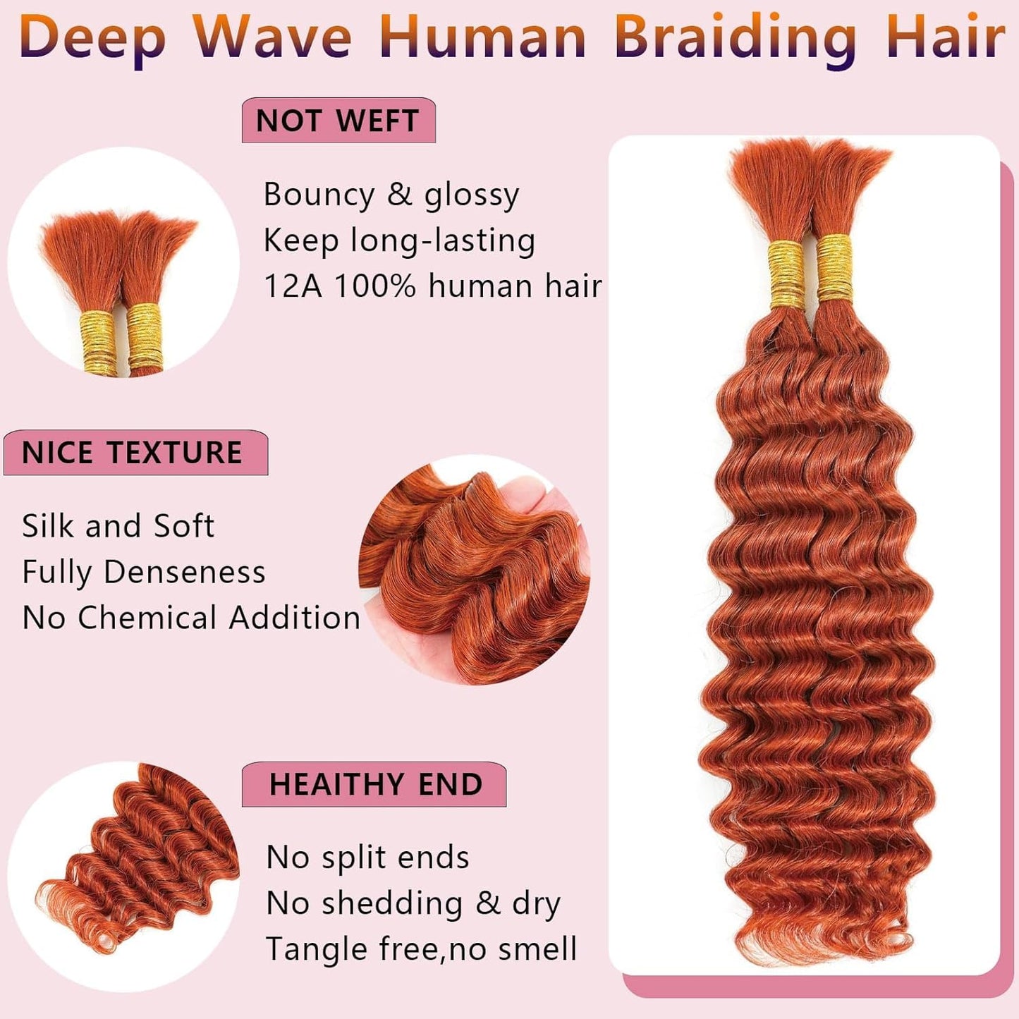 DiexrLamx Braiding Hair Deep Wave Water Bulk 20 20 Inch 100g Color 350 Curly Hair for Boho Braids 2 Bundles No Weft Deep Curly Braiding,Ginger